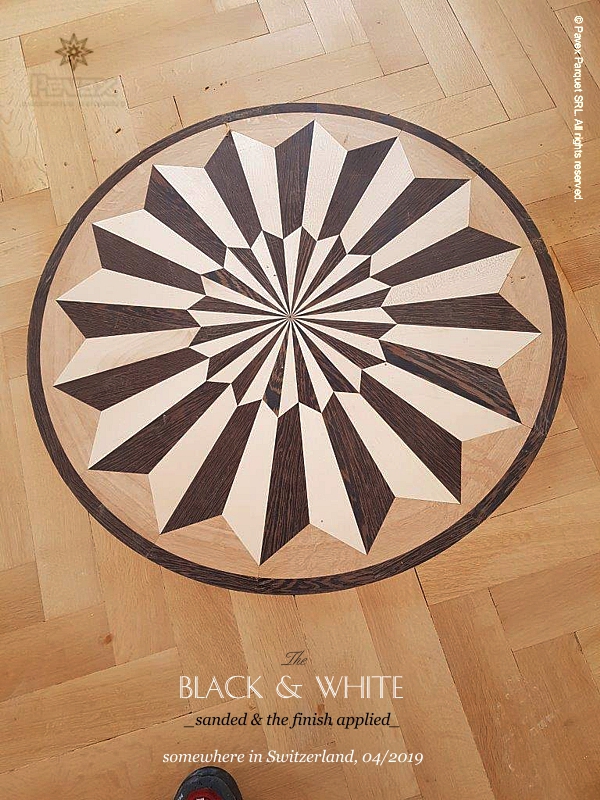 No.227-The BLACK and WHITE hardwood floor medallion glued down and sanded